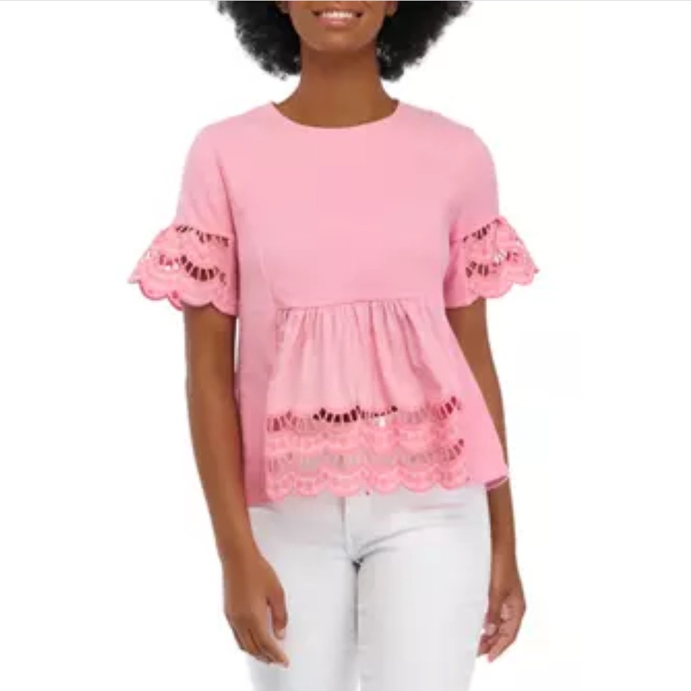 English Factory Ladies Pullover Crewneck Pink Top with Ruffle Insert Size Large